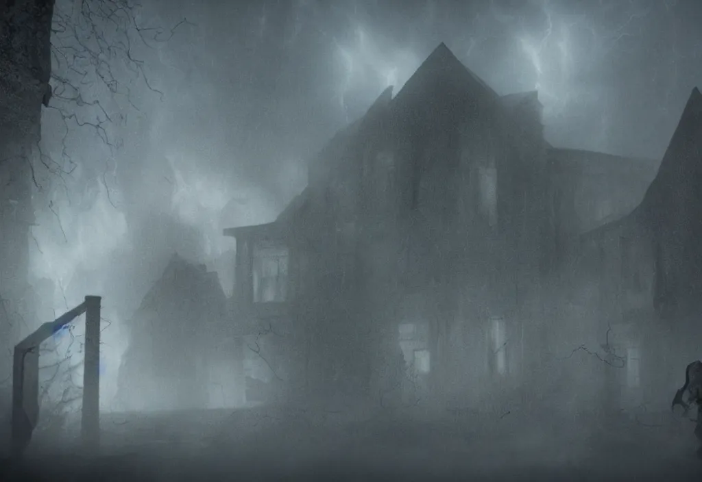 Image similar to a eldritch ghost in a haunted house. realistic, cinematic lightning, octane tender, dark - art