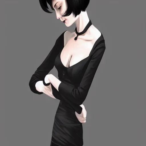 Image similar to slim girl in tuxedo with short black hair, elegant, 2d, ultra highly detailed, digital painting, smooth, sharp focus, artstation, art by Ilya Kuvshinov