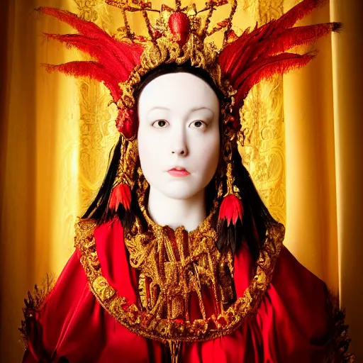 Image similar to portrait of a red monarch, sharp focus, black hair, baroque, rococo, full body, highly detailed, intricate, bird mask, white, regal clothing, gold ethereal light, high fantasy