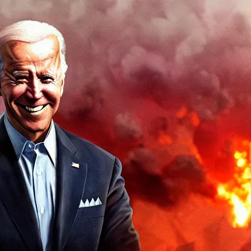 Image similar to joe biden smiling with blood in his face while behind him the world is burning, dramatic lighting, cinematic, establishing shot, extremly high detail, photorealistic, cinematic lighting, artstation, style by James Gurney