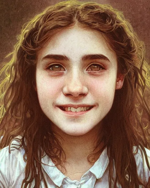Image similar to close up portrait of 1 5 - year - old girl, smile with large front teeth, hermione granger, very bushy brown hair, and very bright brown eyes, wearing white shirt, hyper realistic face, beautiful eyes, close up, fantasy art, in the style of greg rutkowski, intricate, alphonse mucha, hyper detailed, smooth