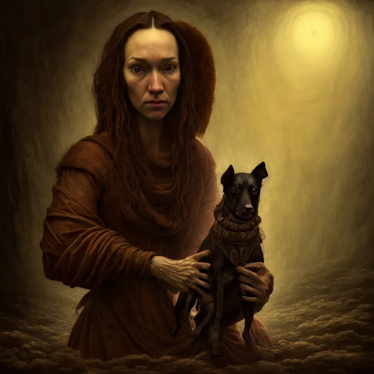 Prompt: renaissance professional digital art of a traveler with a faithful dog, symmetrical face, atmospheric lighting, painted, complex, detailed, detailed, foreboding, mysterious, leesha hannigan, wayne haag, reina rocin, ignacio fernandez rios, mark ryden, iris van herpen, epic, stunning, magnificent, very wow, cinematic, masterpiece.