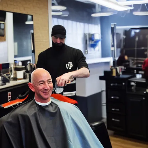 Prompt: photo of Jeff Bezos at the barbershop