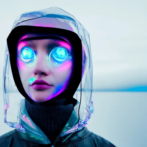 Image similar to an ultra high definition professional studio quality photograph of an artificially intelligent cyberpunk art influencer wearing a transparent iridescent pastel coloured face visor and matching squid based raincoat on white coat hook in a sheer icelandic black rock environment. dramatic lighting. volumetric shadows. light rays