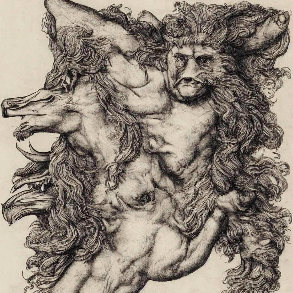 Image similar to human / eagle / lion / ox hybrid. horns, beak, mane, human body. drawn by da vinci