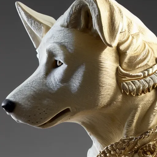 Image similar to detailed photo of a white shepherd statue made of gold, various posed, studio light, 8 k, photorealism, intricate detail, museum diffuse lighting