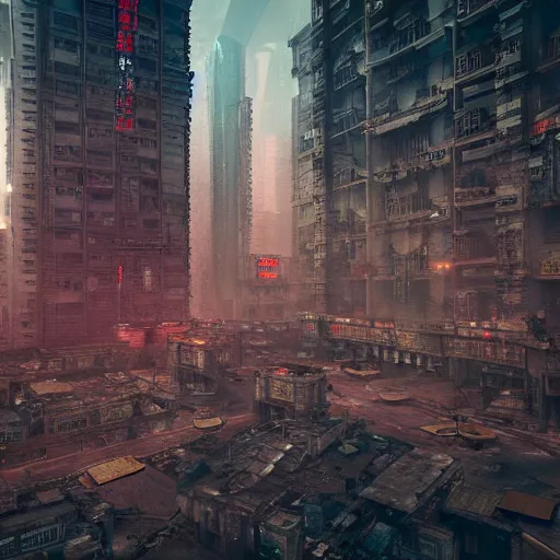 Image similar to photograph of a dystopian city, cyberpunk style, inspired by kowloon walled city, render, octane render, unreal engine, 4 k, dramatic composition