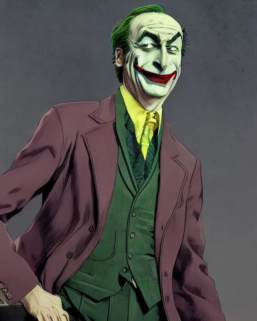 Image similar to portrait of saul goodman as the joker, fashion photography, art by makoto shinkai and peter elson, bernie wrightson