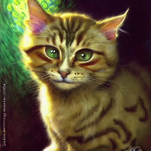 Prompt: portrait fluffy tabby cat feline with green human eyes wearing a suit. shadowrun furaffiniy furry art cyberpunk fantasy highly detailed painting by gaston bussiere craig mullins jc leyendecker gustav klimt artgerm greg rutkowski john berkey, bergey, craig mullins, ruan jia, raymond swanland, jeremy mann, tom lovell, alex malveda