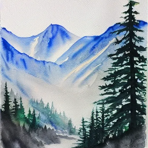 Image similar to https : / / s. mj. run / ykodba 4 hx 8 w, watercolor mountains painting, white swirls, forest