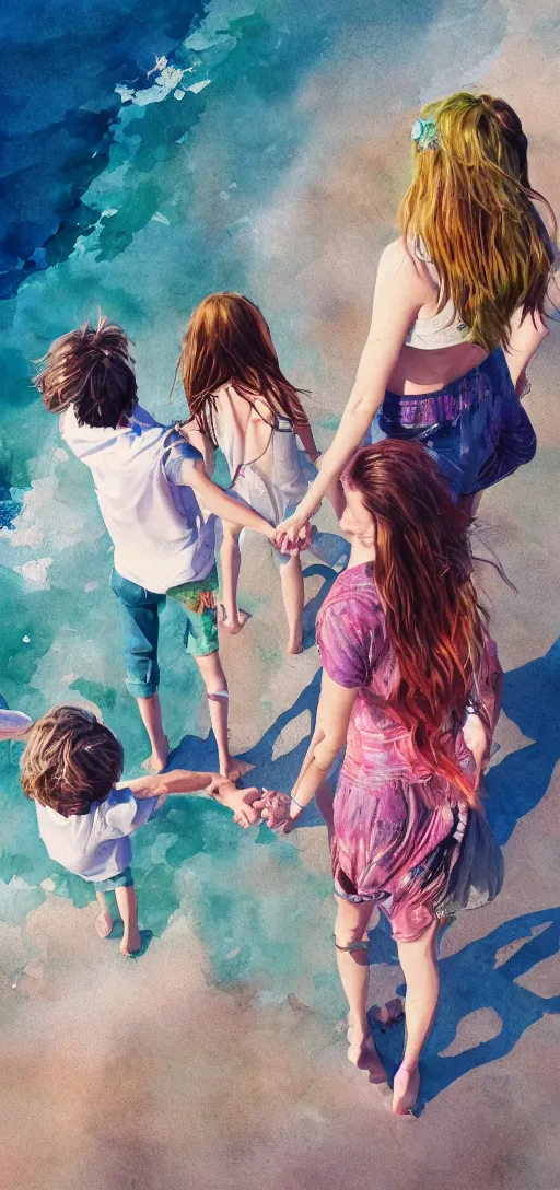 Prompt: hippie style family of woman, men, girl is taller, boy is shorter looking at the ocean holding hands, far - view, art, cinematic composition, octane render, high detail, 8 k, artstation trending, watercolor, artwork by tooth wu, colorful contrast, very coherent, thick lineart