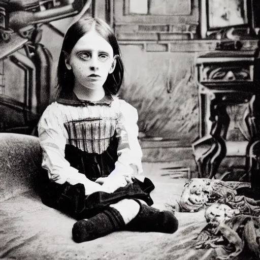 Prompt: a color photo of young sad victorian gothic child with big eyes and wide grin sitting on a sofa of bones surrounded by a cyber futuristic cityscape made of human body parts, 5 0 mm, award winning photography