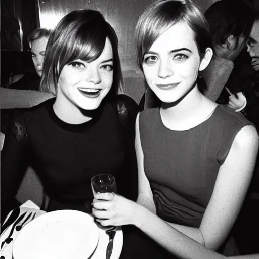 Prompt: b & w photo of emma stone and emma watson having dinner in the 1 9 7 0 s,