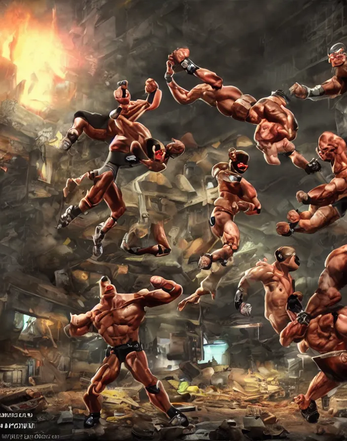 Prompt: Cyclops WWE action figures brawling on cctv camera, ambient lighting, atmospheric, stunning visuals, creative, cinematic, ultra detailed, trending on art station