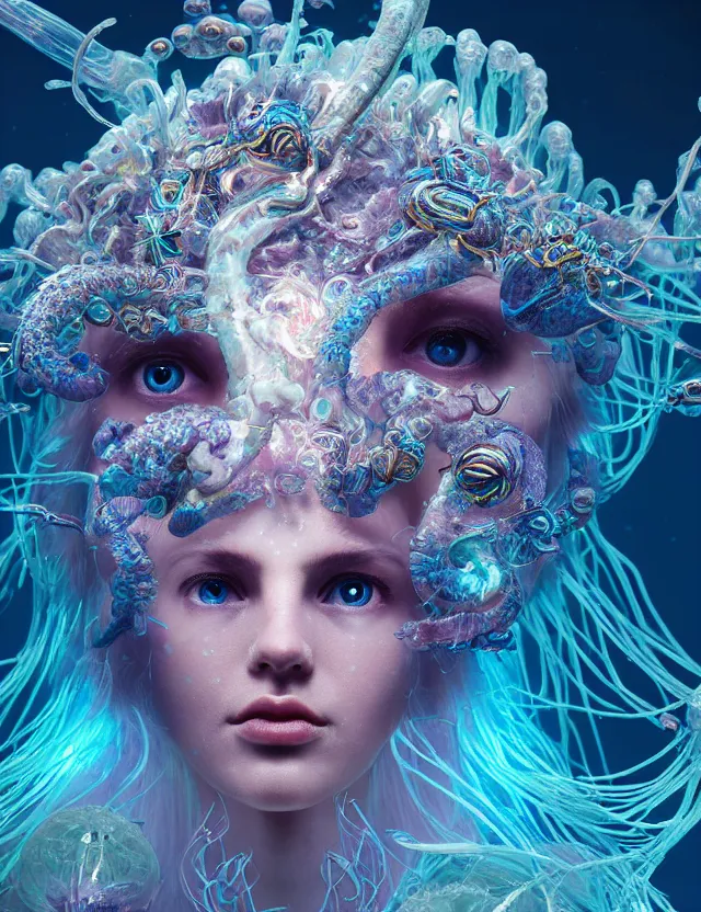 Image similar to goddess macro close - up portrait in crown made of ram skull. betta fish, jellyfish phoenix, bioluminiscent, plasma, ice, water, wind, creature, super intricate ornaments artwork by tooth wu and wlop and beeple and greg rutkowski