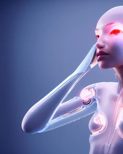 Prompt: a 3 d render of a beautiful female translucent cyborg trying to fix her broken head with futuristic tools, dreamy, elegant photorealistic, cinematic, octane render,