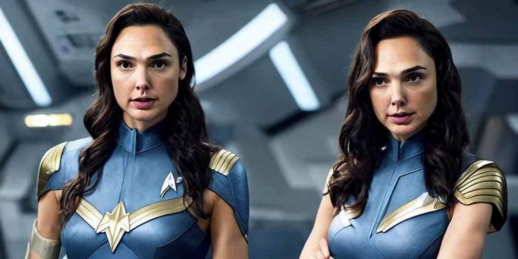 Image similar to Gal Gadot, in full starfleet uniform, is the captain of the starship Enterprise in the new Star Trek movie