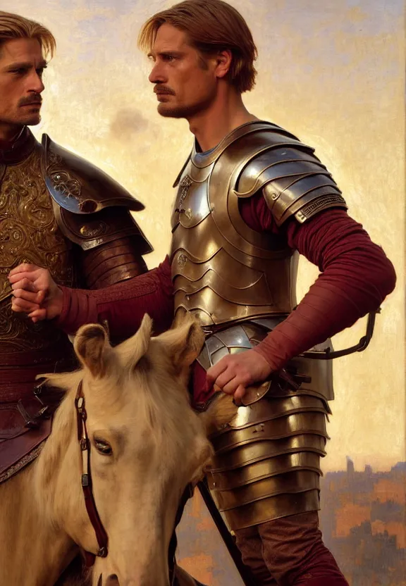 Image similar to attractive handsome fully clothed jaime lannister confesses his love for attractive fully armored brienne of tarth. centered composition. highly detailed painting by gaston bussiere and j. c. leyendecker and william adolphe bouguereau and fra angelico and octane render, musee d'orsay 8 k