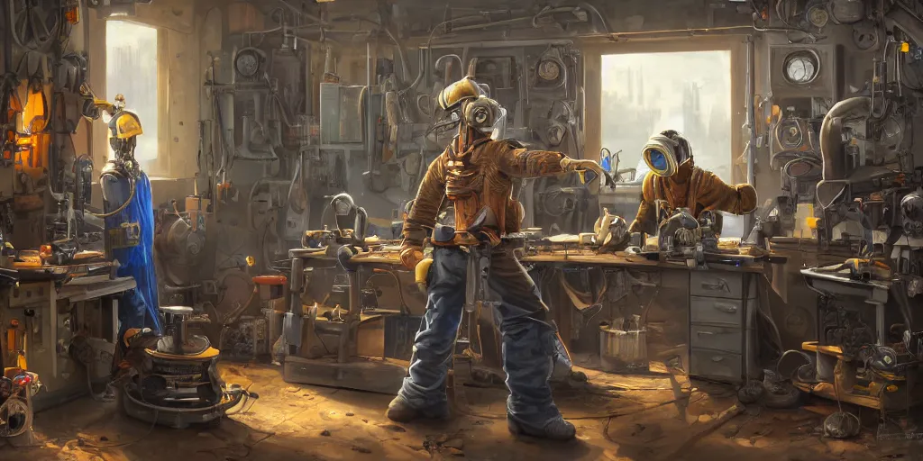 Image similar to highly detailed portrait painting of welder and angelina joile posing, mono eye window, workbench, symmetrical perfect eyes, by eddie mendoza and tyler edlin, 8 k resolution