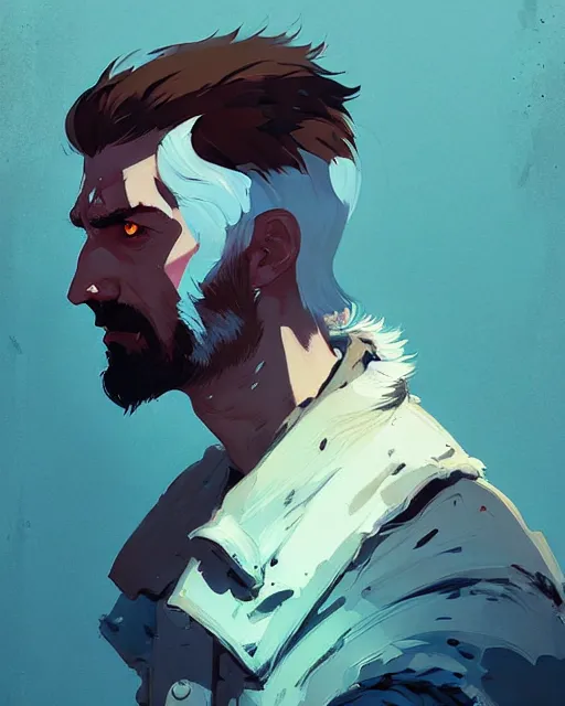 Image similar to portrait of 3 0 years old man from witcher by atey ghailan, by greg rutkowski, by greg tocchini, by james gilleard, by joe fenton, by kaethe butcher, dynamic lighting, gradient light blue, brown, blonde cream and white color scheme, grunge aesthetic