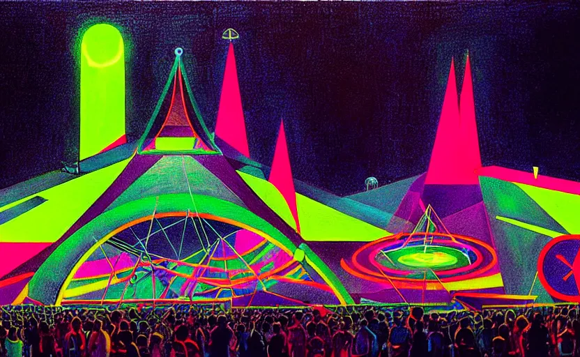 Image similar to geometric neon painting of tomorrowland by hieronymus bosch