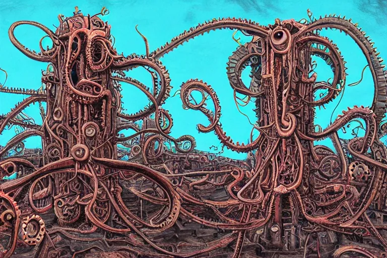 Prompt: lovecraftian biomechanical machine - tower with fleshy tendrils and eyeball at top overlooking dystopian wasteland, highly detailed, colorful with red hues