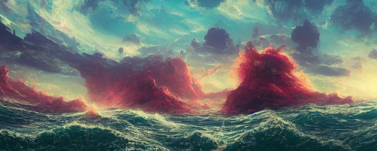 Prompt: ” vast ocean, [ art by paul lehr, cinematic, detailed, epic, widescreen, opening, establishing, mattepainting, photorealistic, realistic textures, octane render ] ”