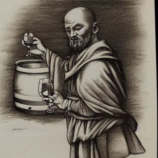 Image similar to sketch of a monk drinking wine next to a barrel, in the style of da Vinci