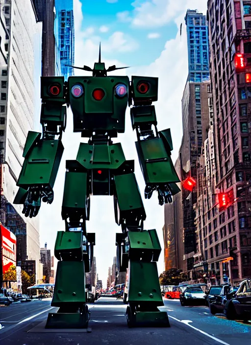 Image similar to a giant mecha robot made of stop signs in manhattan, hyper realistic, highly detailed, cinimatic, shadows, scrap, signs, 8 k, photo, movie still