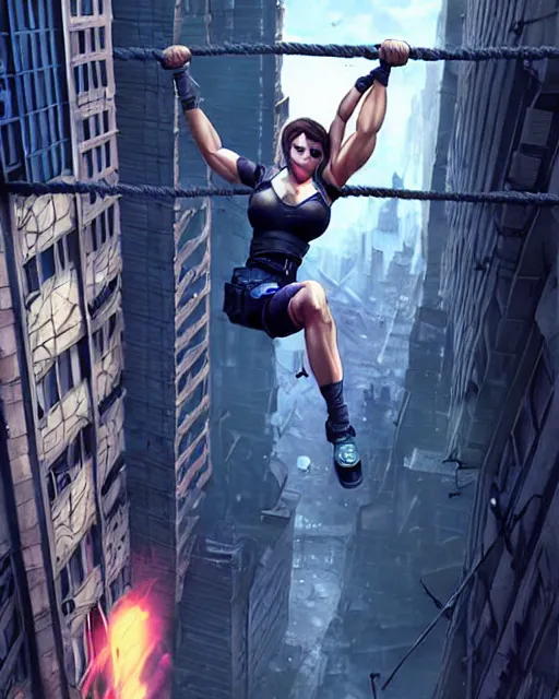 Image similar to gigachad jill valentine bodybuilder swinging from a building with a rope in racoon city, fantasy character portrait, ultra realistic, anime key visual, full body concept art, intricate details, highly detailed by greg rutkowski, ilya kuvshinov, gaston bussiere, craig mullins, simon bisley