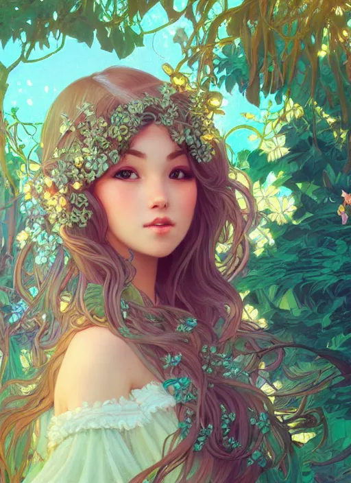 Image similar to beautiful girl with long turqoise hair in a garden, cute, intricate, highly detailed, digital painting, trending on artstation, concept art, smooth, sharp focus, backlit, rim light, vivid colors, illustration, unreal engine 5, 8 k, art by rossdraws and alphonse mucha