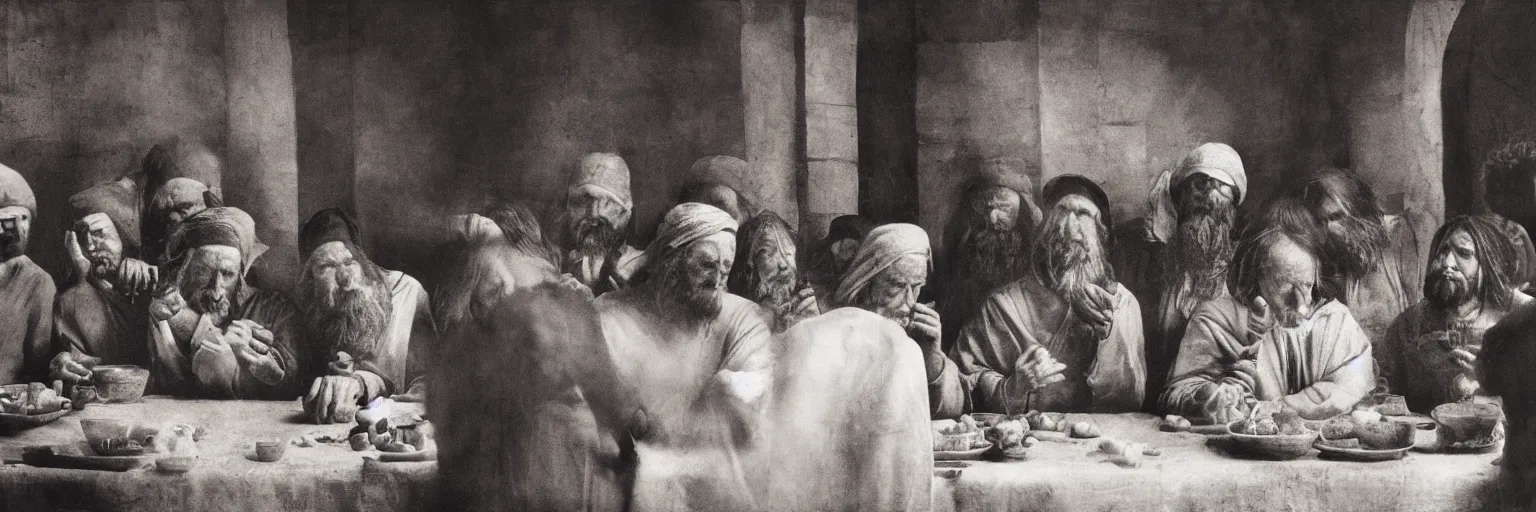 Image similar to Award Winning Editorial 84° wide-angle picture of a Tramps with bowed heads in a Soup Kitchen by David Bailey and daVinci, called 'The Last Supper', 85mm ND 5, perfect lighting, gelatin silver process