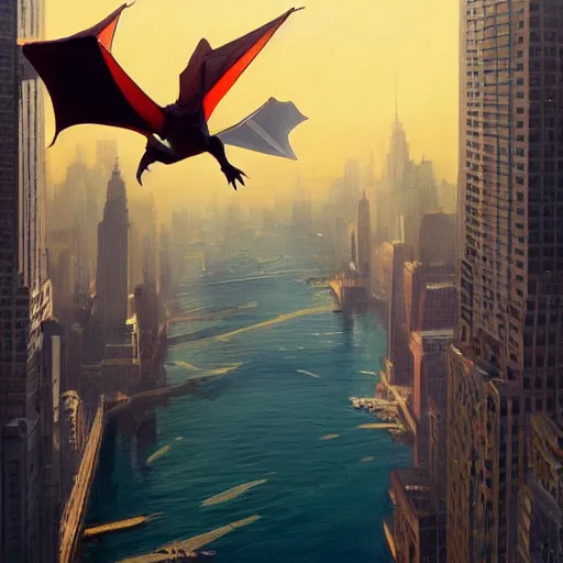 Image similar to charizard flying above new york, beautiful, serene colors, lake background, complimentary contrast, dramatic lighting, masterpiece, high contrast, painted by stanley lau, painted by greg rutkowski, painted by stanley artgerm, digital art, trending on artstation