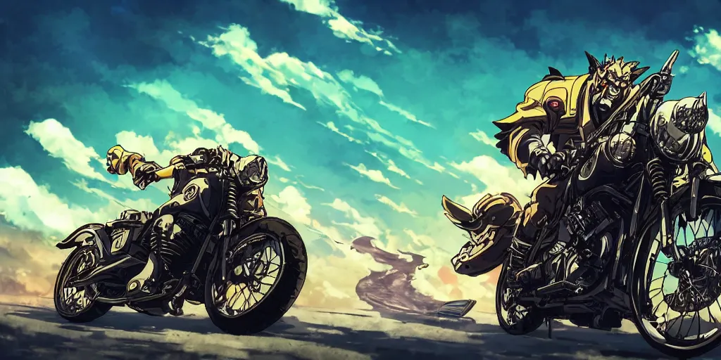 Image similar to high quality anime movie still, motorcycle, stylized action shot of an orc popping a wheelie on a motorcycle, menacing orc, clear focused details, soft airbrushed artwork, black background, apocalyptic, studio ghibli, miyazaki, anime style