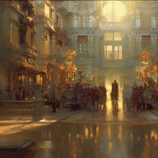 Image similar to detailed cinematic wide shot of sucession mansion design spring light, painting by gaston bussiere, craig mullins, j. c. leyendecker