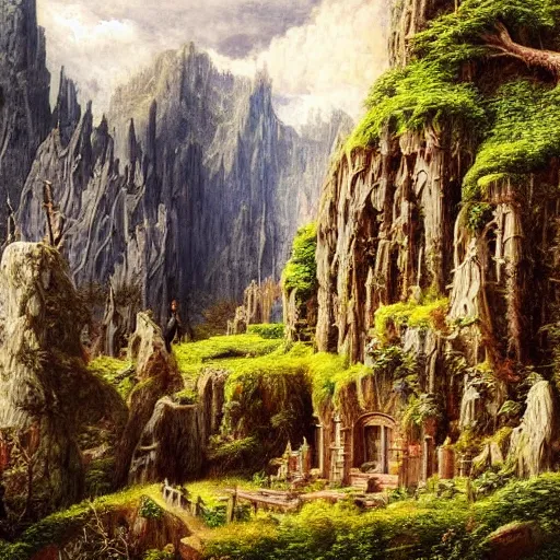 Image similar to a beautiful and highly detailed oil painting of an elven temple in the mountains, detailed trees and cliffs, intricate details, epic scale, insanely complex, 8 k, sharp focus, hyper realism, by caspar friedrich,