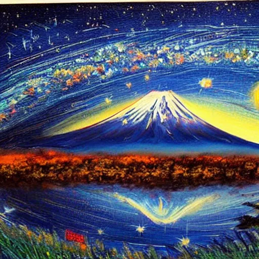 Image similar to painting of mount Fuji in style of starry night