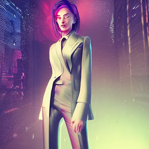 Prompt: stylish woman cartoon portrait made out of rain galaxies, pinstripe suit, cyberpunk background, octane render, unreal engine, highly detailed, trending on artstation, realistic, neon, beautiful