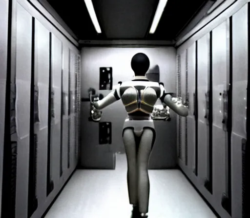 Prompt: high detailed industreal cyborg working in sci - fi server room. cinematic shot from odyssey 2 0 0 1 by stanley kubrick