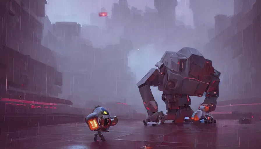 Image similar to a robot fighting a golem in the rain, sharp focus, james gilleard, cinematic, game art, extremely detailed digital painting, print