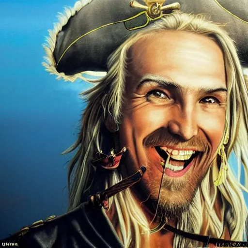 Prompt: a happy smiling loving blond beautiful pirate captain gazing into the horizon in the style of banksy