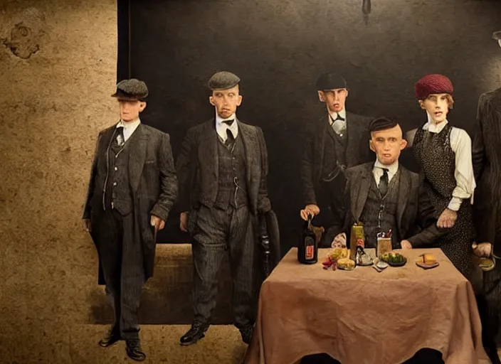 Prompt: peaky blinders made of fried shrimp, lowbrow, matte painting, 3 - d highly detailed, in the style of mark ryden,