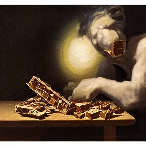 Image similar to saturn devouring a snickers chocolate bar, goya painting, in the style of goya and greg rutkowski, in the style of black paintings, 8 k, highly realistic