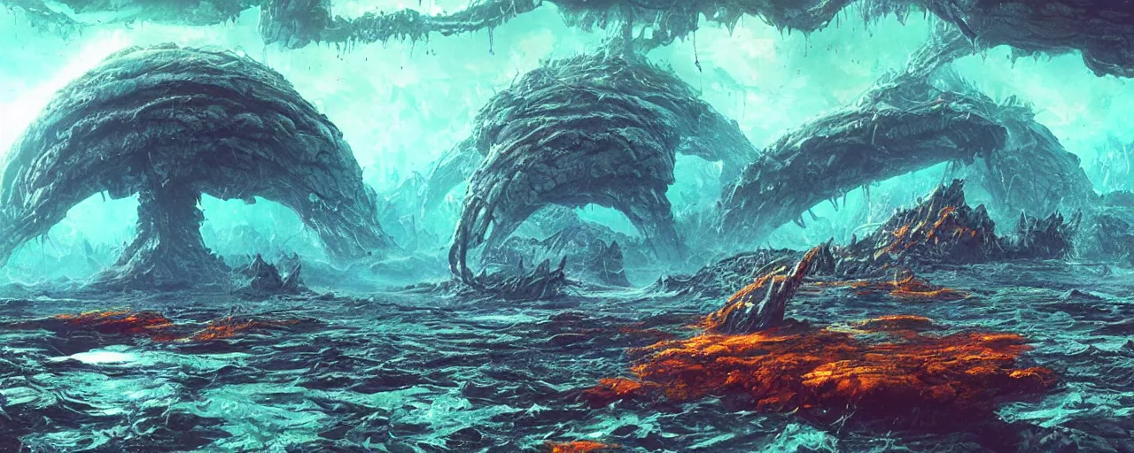 Image similar to ” water alien landscape, [ organic, liquid, cinematic, detailed, epic, widescreen, opening, establishing, mattepainting, photorealistic, realistic textures, octane render, art by slop and paul lehr ] ”