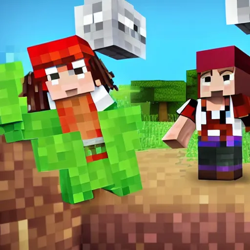 Image similar to Jack Sparrow andando na prancha de um barquinho de papel num mar de slime com o vários clones do mal do resendeevil do Minecraft boiando. E quem tá fazendo ele andar da prancha é o Bob esponja