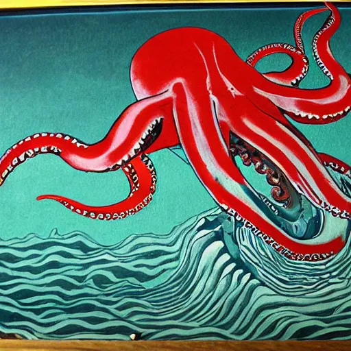 Prompt: photorealistic highly detailed japanese ancient art style painting of giant octopus sinking a ww2 battleship clutching in tentacles