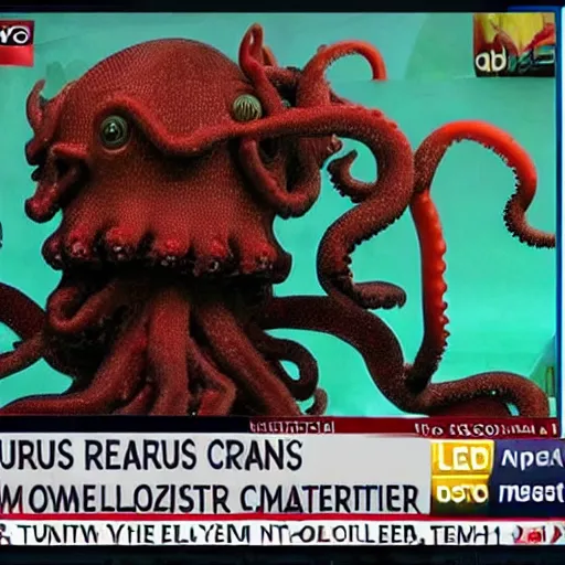 Image similar to ted cruz octopus monster destroys a city, news coverage on local affiliate