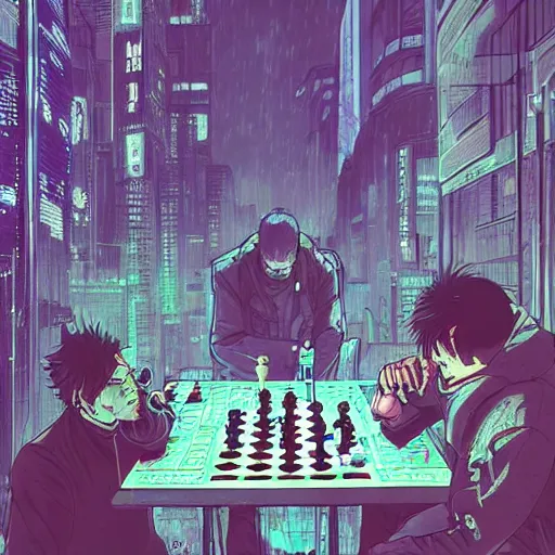 Prompt: high detailed people playing chess in a cyberpunk rainy city at night by josan gonzalez, hand drawn, illustration, purple and blue neons, unreal engine, high quality, 4 k, uhd, trending on artstation, wires, blade runner vibes, ghost in the shell, akira, dorohedoro