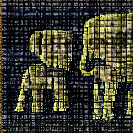 Prompt: a pixelated 1 bit elephant, infront of the elephant is a pixelated 1 bit golden sword.