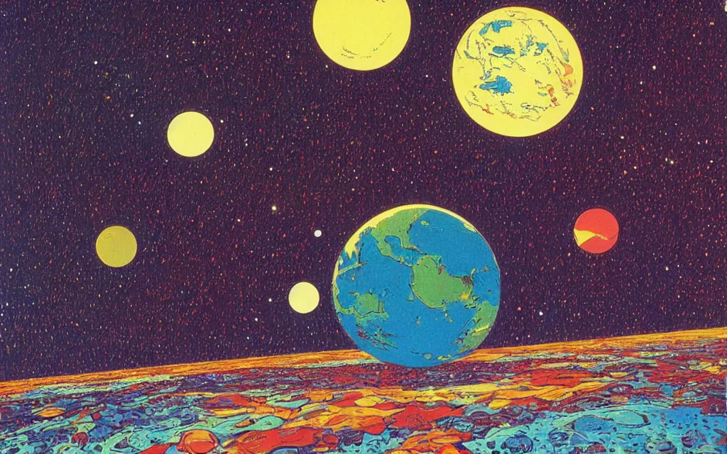 Image similar to planet earth seen from very very far away with the empty cosmic landscape on the background. Retro modern art by jean giraud.